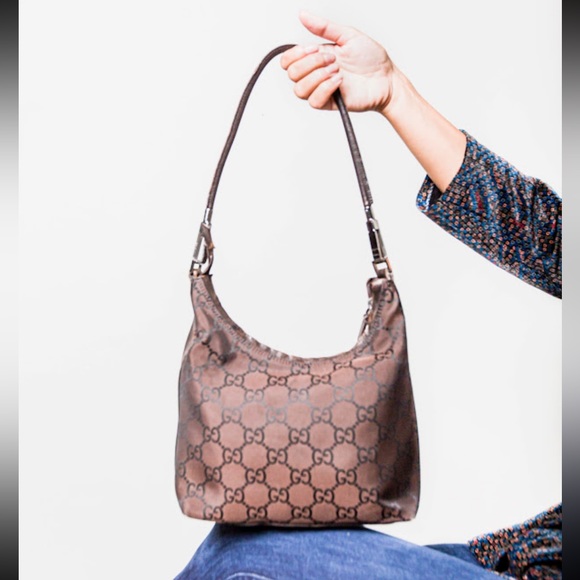 Gucci Brown Vintage GG Canvas & Leather Top Zip Hobo Shoulder bag